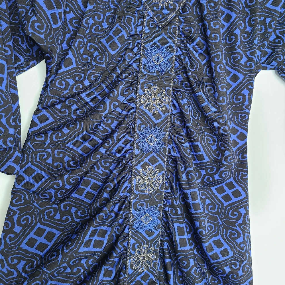 INC Top 3/4 Sleeve V-Neck Stretchy Blue Black Funky Size Small_5